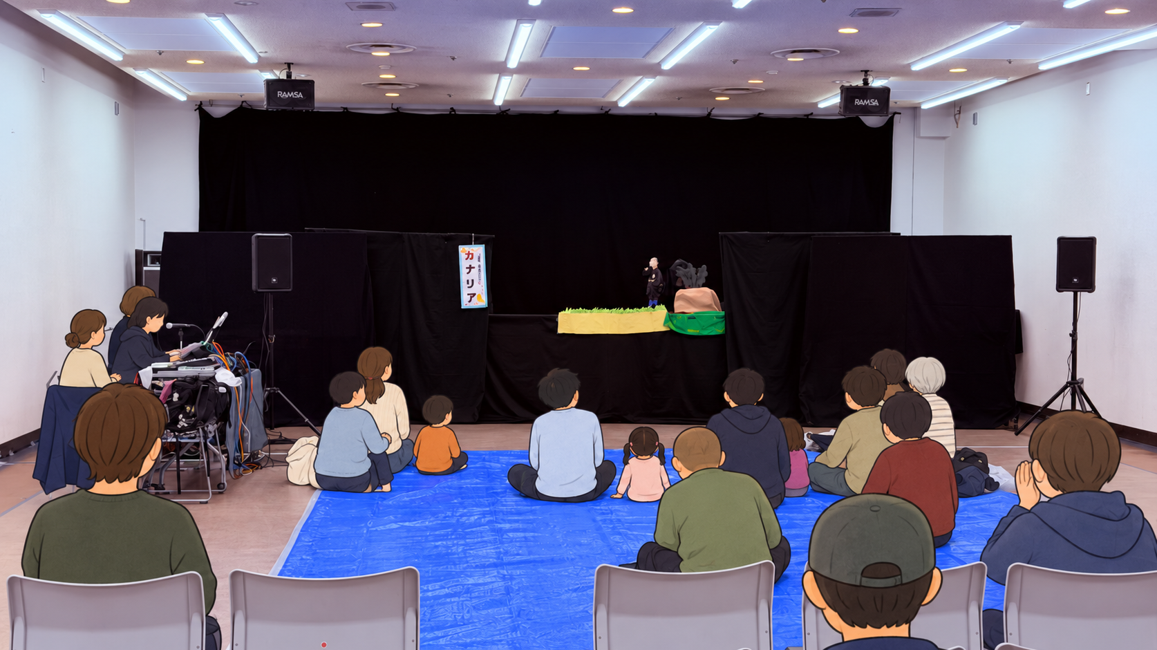 にしのみや市民祭りの人形劇公演と音響設備（人物はイラスト加工）