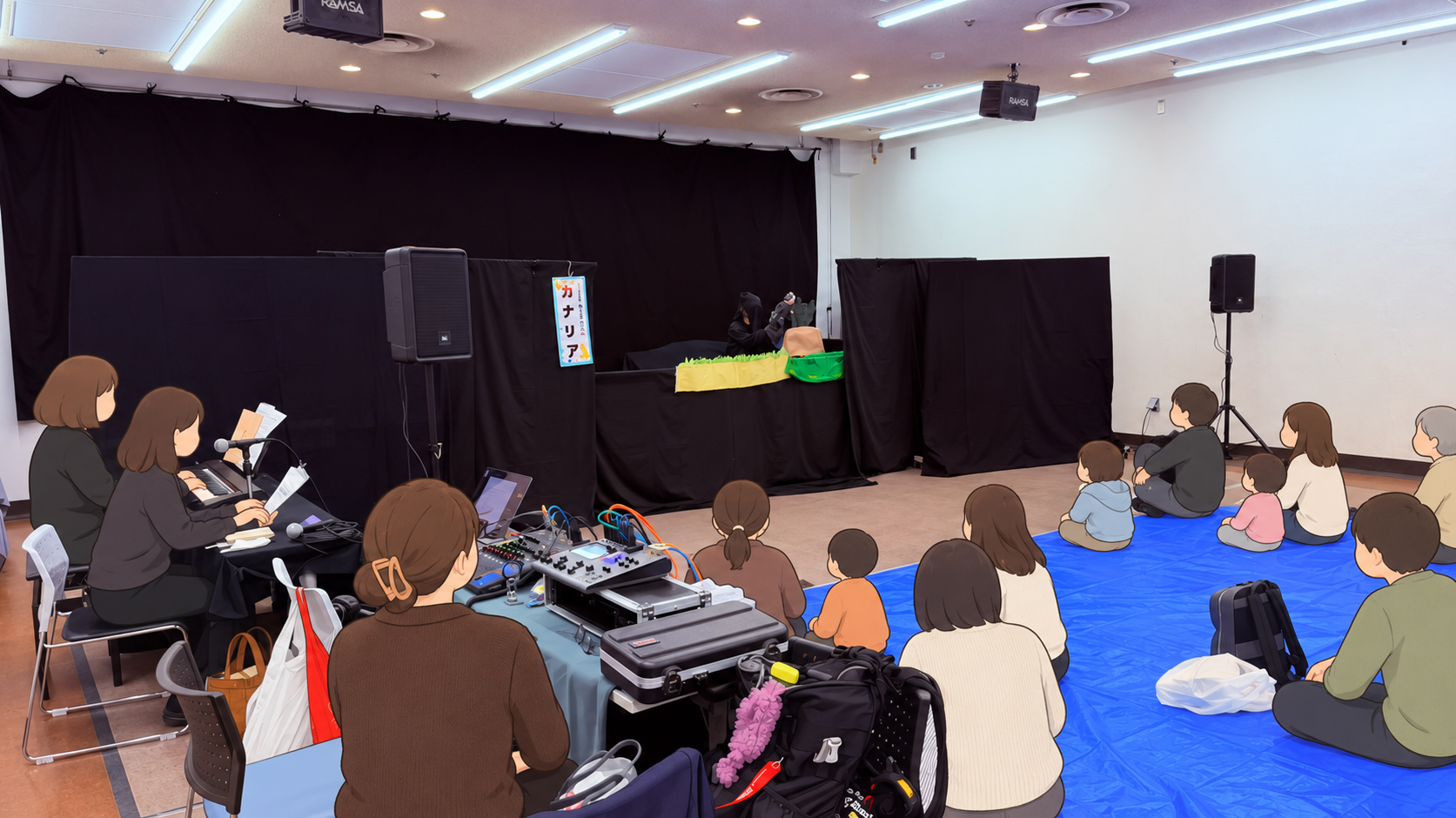 人形劇公演を音響卓側から撮影した会場の様子（人物はイラスト加工）